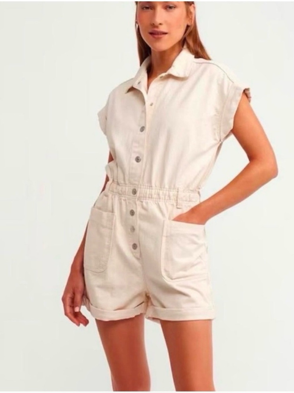 DENIM CREAM BUTTON UP ROMPER